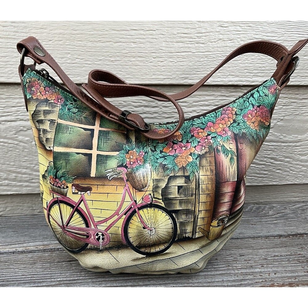 Anuschka Hand Painted 'Vintage Bike' Leather Hobo Shoulder Bag Floral